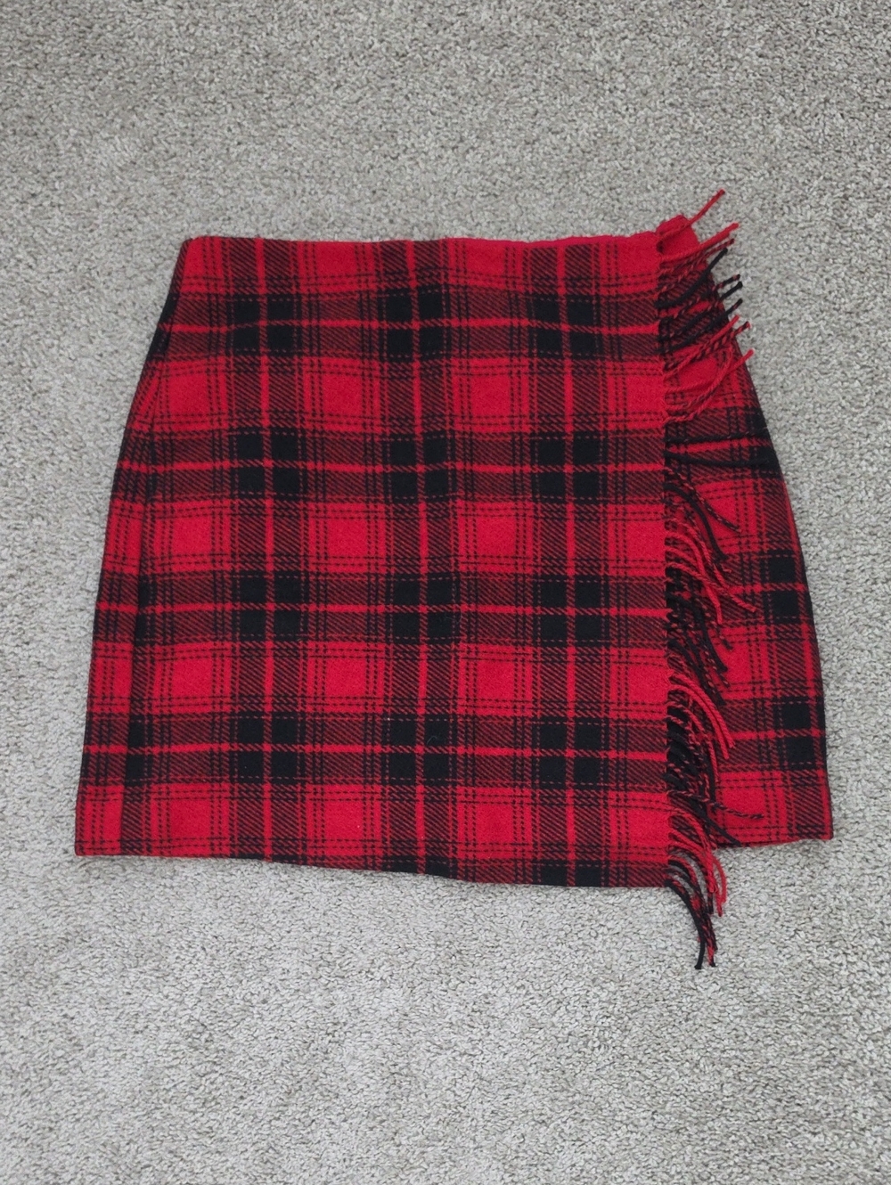 LOFT Red and Black Plaid Fringe Mini Skirt